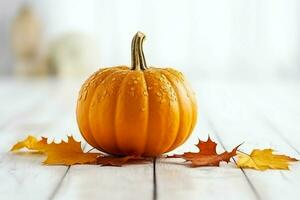 Decorative pumpkin background and dry autumn leaves on wooden arrangement indoors. Halloween concept by AI generated photo