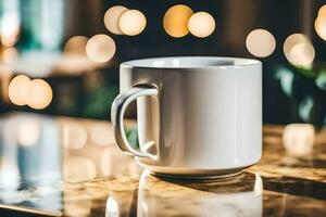 a white coffee cup sitting on a table in front of a bokeh background. AI-Generated photo