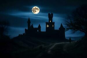 a castle in the dark with a full moon. AI-Generated photo