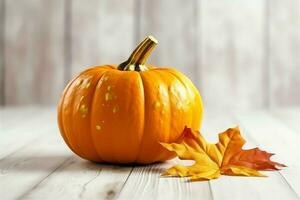 Decorative pumpkin background and dry autumn leaves on wooden arrangement indoors. Halloween concept by AI generated photo