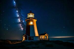 a lighthouse is lit up by the milky. AI-Generated photo