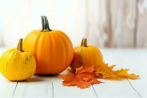 Decorative pumpkin background and dry autumn leaves on wooden arrangement indoors. Halloween concept by AI generated photo