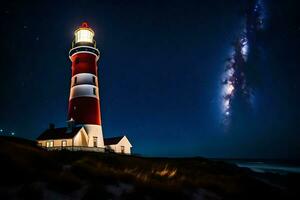 the lighthouse at night with the milky in the background. AI-Generated photo