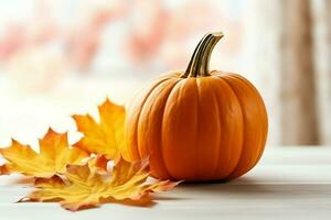 Decorative pumpkin background and dry autumn leaves on wooden arrangement indoors. Halloween concept by AI generated photo