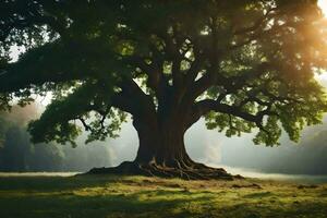 un antiguo árbol en el medio de un campo. generado por ai foto