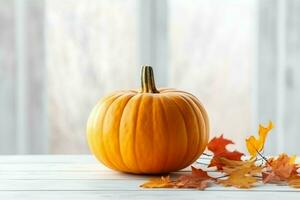 decorativo calabaza antecedentes y seco otoño hojas en de madera arreglo adentro. Víspera de Todos los Santos concepto por ai generado foto