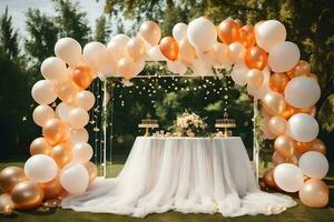 a wedding arch with balloons and white tulle. AI-Generated photo