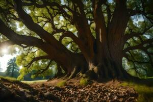 el Dom brilla mediante el ramas de un antiguo roble árbol. generado por ai foto