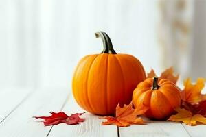 Decorative pumpkin background and dry autumn leaves on wooden arrangement indoors. Halloween concept by AI generated photo