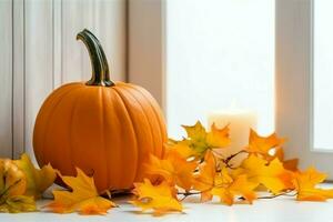 Decorative pumpkin background and dry autumn leaves on wooden arrangement indoors. Halloween concept by AI generated photo