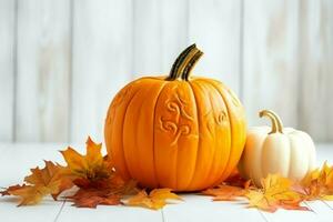 Decorative pumpkin background and dry autumn leaves on wooden arrangement indoors. Halloween concept by AI generated photo