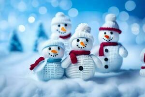 snowmen in knitted hats and scarves. AI-Generated photo