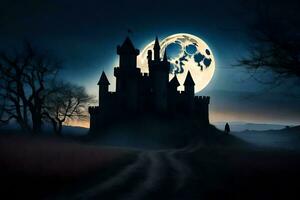 a castle in the dark with a full moon. AI-Generated photo