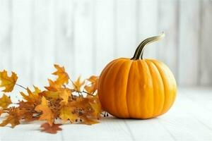 Decorative pumpkin background and dry autumn leaves on wooden arrangement indoors. Halloween concept by AI generated photo