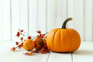 decorativo calabaza antecedentes y seco otoño hojas en de madera arreglo adentro. Víspera de Todos los Santos concepto por ai generado foto