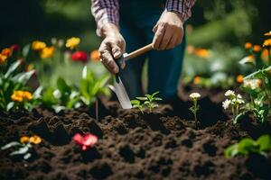 a man is using a garden fork to dig up dirt. AI-Generated photo