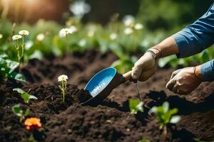 a person is digging in the soil with a shovel. AI-Generated photo