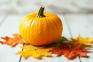 Decorative pumpkin background and dry autumn leaves on wooden arrangement indoors. Halloween concept by AI generated photo