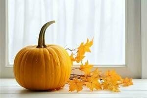 Decorative pumpkin background and dry autumn leaves on wooden arrangement indoors. Halloween concept by AI generated photo