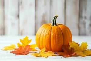 Decorative pumpkin background and dry autumn leaves on wooden arrangement indoors. Halloween concept by AI generated photo