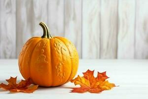 Decorative pumpkin background and dry autumn leaves on wooden arrangement indoors. Halloween concept by AI generated photo