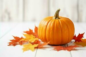 Decorative pumpkin background and dry autumn leaves on wooden arrangement indoors. Halloween concept by AI generated photo