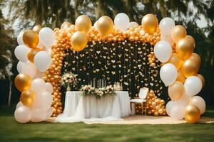 a wedding backdrop with gold balloons and white flowers. AI-Generated photo