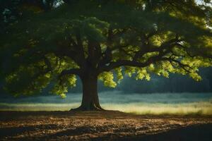 un grande árbol en el medio de un campo. generado por ai foto