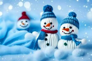 snowmen in blue and red hats and scarves. AI-Generated photo