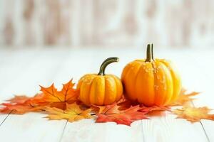 decorativo calabaza antecedentes y seco otoño hojas en de madera arreglo adentro. Víspera de Todos los Santos concepto por ai generado foto