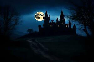 a castle in the dark with a full moon. AI-Generated photo