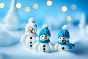 three snowmen wearing blue hats and scarves. AI-Generated photo