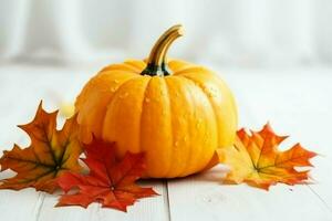 Decorative pumpkin background and dry autumn leaves on wooden arrangement indoors. Halloween concept by AI generated photo