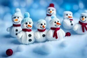 snowmen in a row on a blue background. AI-Generated photo