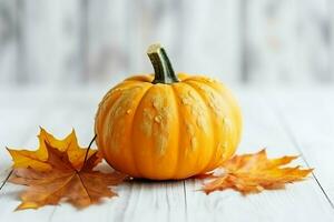 Decorative pumpkin background and dry autumn leaves on wooden arrangement indoors. Halloween concept by AI generated photo