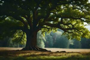 an oak tree in a field with grass and trees. AI-Generated photo