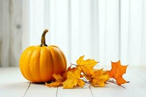 Decorative pumpkin background and dry autumn leaves on wooden arrangement indoors. Halloween concept by AI generated photo