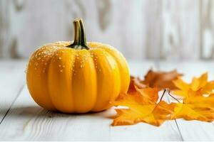 Decorative pumpkin background and dry autumn leaves on wooden arrangement indoors. Halloween concept by AI generated photo