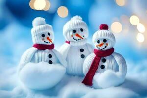 three snowmen in knitted hats and scarves. AI-Generated photo