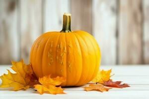 Decorative pumpkin background and dry autumn leaves on wooden arrangement indoors. Halloween concept by AI generated photo