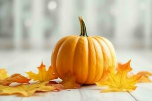 Decorative pumpkin background and dry autumn leaves on wooden arrangement indoors. Halloween concept by AI generated photo