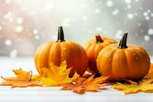 Decorative pumpkin background and dry autumn leaves on wooden arrangement indoors. Halloween concept by AI generated photo