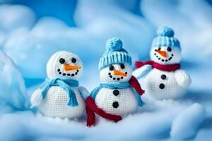 three snowmen wearing hats and scarves. AI-Generated photo