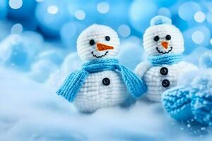 two snowmen are sitting on a blue background. AI-Generated photo