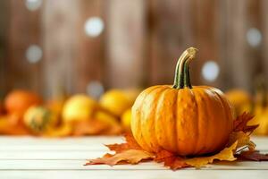 Decorative pumpkin background and dry autumn leaves on wooden arrangement indoors. Halloween concept by AI generated photo