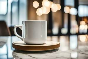 a coffee cup sits on a saucer on a table. AI-Generated photo