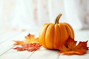 Decorative pumpkin background and dry autumn leaves on wooden arrangement indoors. Halloween concept by AI generated photo