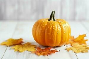 Decorative pumpkin background and dry autumn leaves on wooden arrangement indoors. Halloween concept by AI generated photo