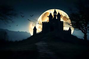 halloween castle with bats flying over it at night. AI-Generated photo