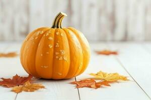 Decorative pumpkin background and dry autumn leaves on wooden arrangement indoors. Halloween concept by AI generated photo